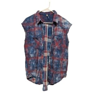 Free People Dip Die Plaid Sleeveless Button Down Shirt *4th of July Medium